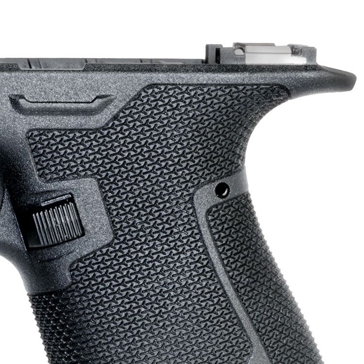 Extended beavertail for added comfort and protection from slide bite.